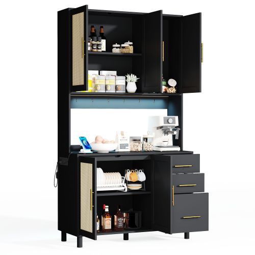 Buffet De Cuisine Noir Avec LED, 2 USB, 2 Prises, 5 Portes En Rotin, 3 Tiroirs, Poignées En Métal