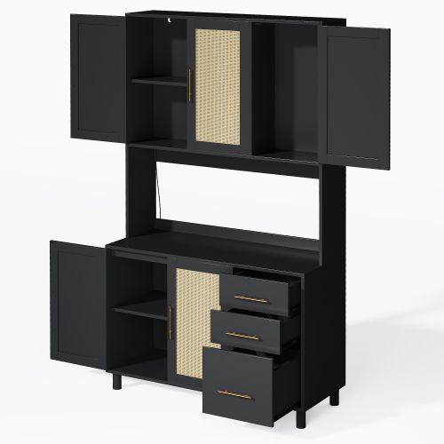 Buffet De Cuisine Noir Avec LED, 2 USB, 2 Prises, 5 Portes En Rotin, 3 Tiroirs, Poignées En Métal