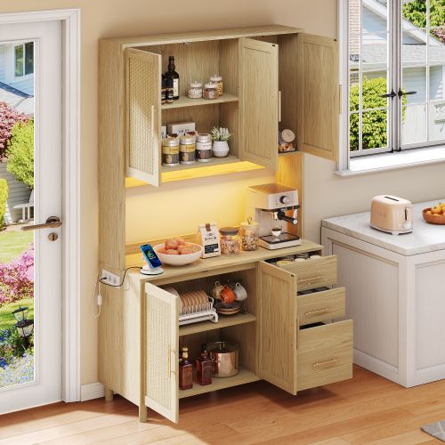 Buffet De Cuisine Bois Avec LED, 2 USB, 2 Prises, 5 Portes En Rotin, 3 Tiroirs, Poignées En Métal