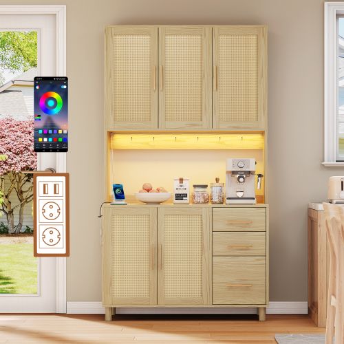 Buffet De Cuisine Bois Avec LED, 2 USB, 2 Prises, 5 Portes En Rotin, 3 Tiroirs, Poignées En Métal