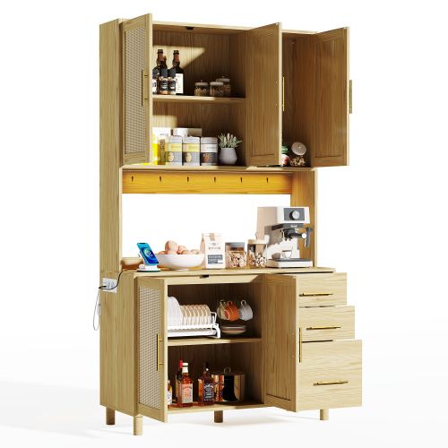 Buffet De Cuisine Bois Avec LED, 2 USB, 2 Prises, 5 Portes En Rotin, 3 Tiroirs, Poignées En Métal