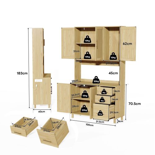 Buffet De Cuisine Bois Avec LED, 2 USB, 2 Prises, 5 Portes En Rotin, 3 Tiroirs, Poignées En Métal