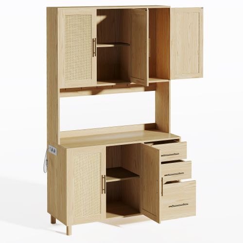 Buffet De Cuisine Bois Avec LED, 2 USB, 2 Prises, 5 Portes En Rotin, 3 Tiroirs, Poignées En Métal