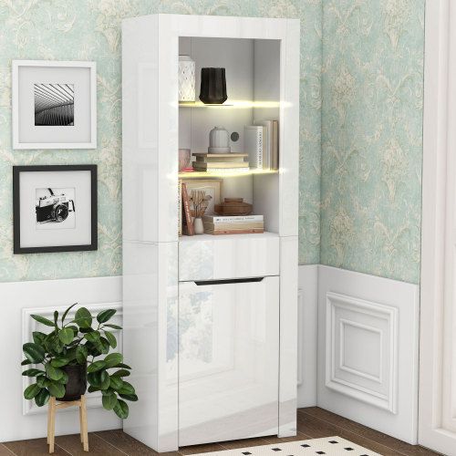 Vitrine Blanche Avec LED,1 Armoire, 1 Tiroir Et 2 Étagères, 60x36x165 Cm