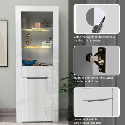 Vitrine Blanche Avec LED,1 Armoire, 1 Tiroir Et 2 Étagères, 60x36x165 Cm