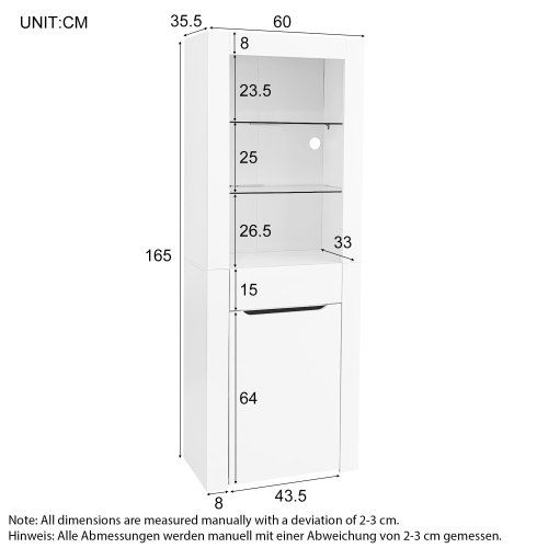 Vitrine Blanche Avec LED,1 Armoire, 1 Tiroir Et 2 Étagères, 60x36x165 Cm