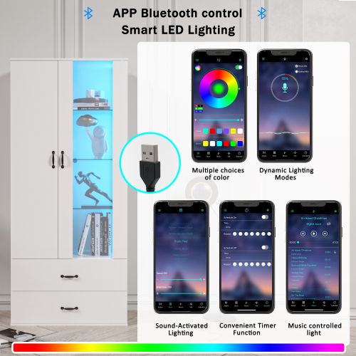 Vitrine Blanche Avec 2 Portes Transparentes Et Éclairée LED, 60x35x182 Cm