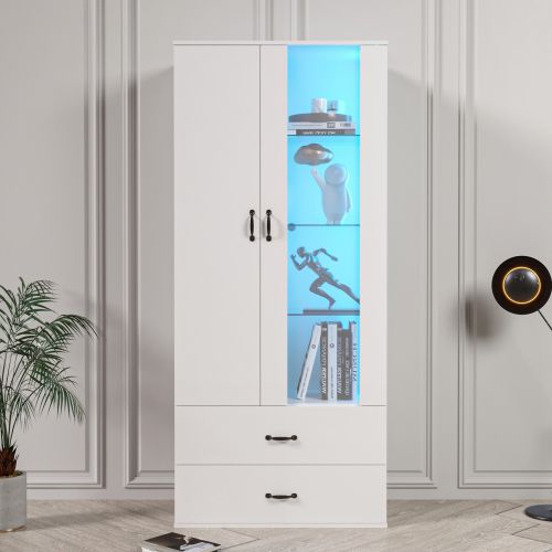 Vitrine Blanche Avec 2 Portes Transparentes Et Éclairée LED, 60x35x182 Cm