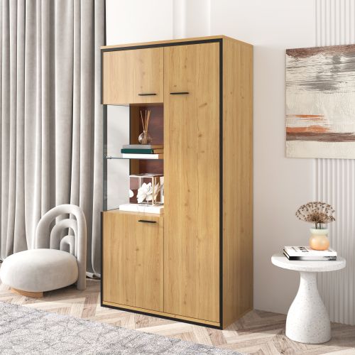 Vitrine Bois Avec Éclairage LED, Porte Vitrée Et Étagères, 77x40x150 Cm