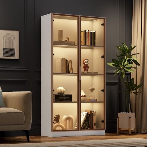 Vitrine Blanche En Verre Avec Éclairage LED Et Étagères Mobiles, 80x40x160 Cm