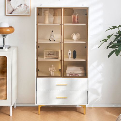 Vitrine Blanche Avec Éclairage LED Et Portes En Verre, 70x35x150 Cm