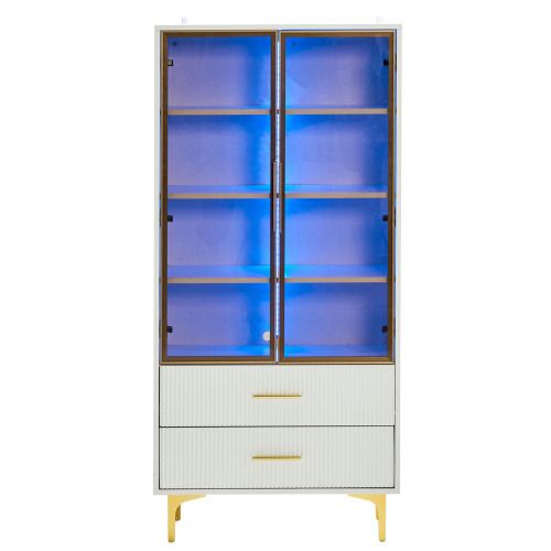 Vitrine Blanche Avec Éclairage LED Et Portes En Verre, 70x35x150 Cm