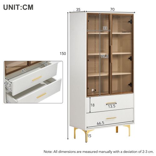 Vitrine Blanche Avec Éclairage LED Et Portes En Verre, 70x35x150 Cm