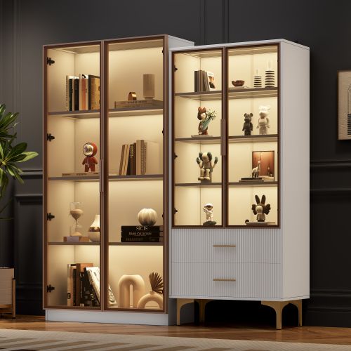 Ensemble De 2 Vitrines Blanches En Verre Avec Éclairage LED Et Étagères Mobiles