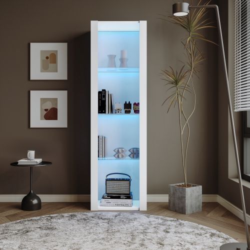 Vitrine Blanche Brillante Avec Éclairage LED Et 3 Étagères En Verre, 55x38x166 Cm