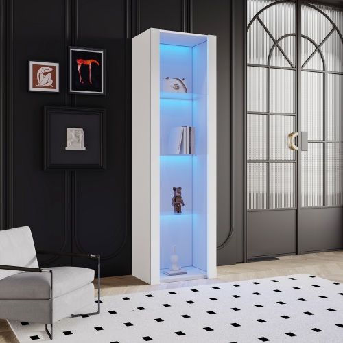 Vitrine Blanche Brillante Avec Éclairage LED Et 3 Étagères En Verre, 55x38x166 Cm