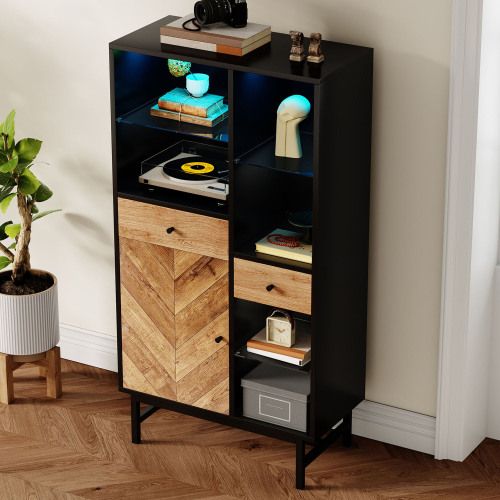 Vitrine En Grain De Bois Avec LED, 2 Tiroirs Et Étagères En Verre, 80x40x150 Cm