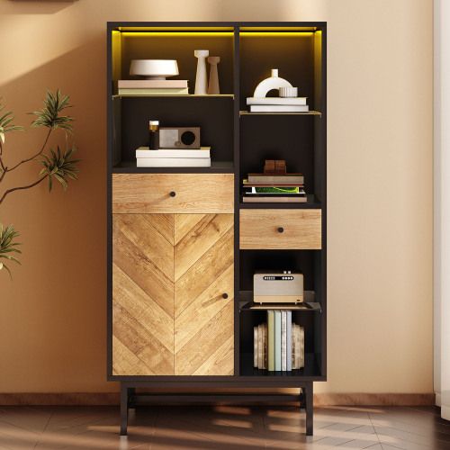 Vitrine En Grain De Bois Avec LED, 2 Tiroirs Et Étagères En Verre, 80x40x150 Cm