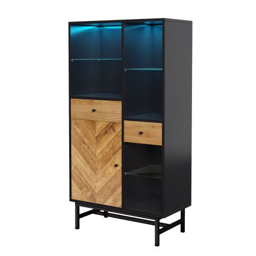 Vitrine En Grain De Bois Avec LED, 2 Tiroirs Et Étagères En Verre, 80x40x150 Cm