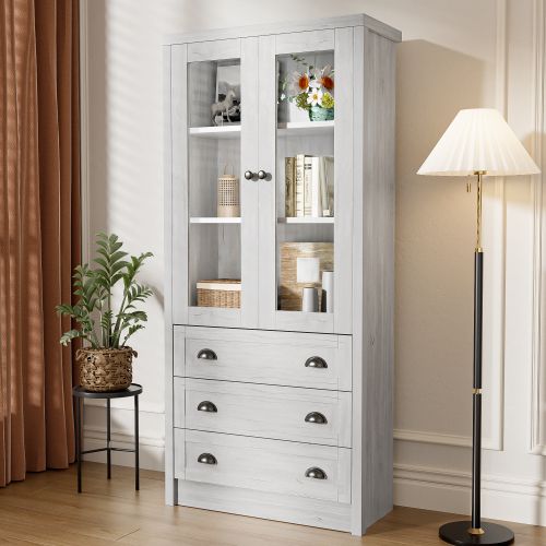 Vitrine Blanc En Aspect Bois Avec Portes Vitrées Et 3 Tiroirs, 80x34x171 Cm