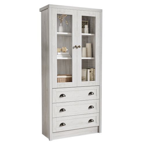Vitrine Blanc En Aspect Bois Avec Portes Vitrées Et 3 Tiroirs, 80x34x171 Cm