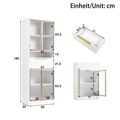 Vitrine Blanche Avec Façade En Verre, 1 Tiroir Et Éclairage LED, 60x35x180 Cm
