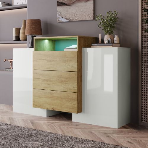 Commode à 3 Tiroirs, Commode Blanc Brillant Avec Éclairage LED, 2 Portes
