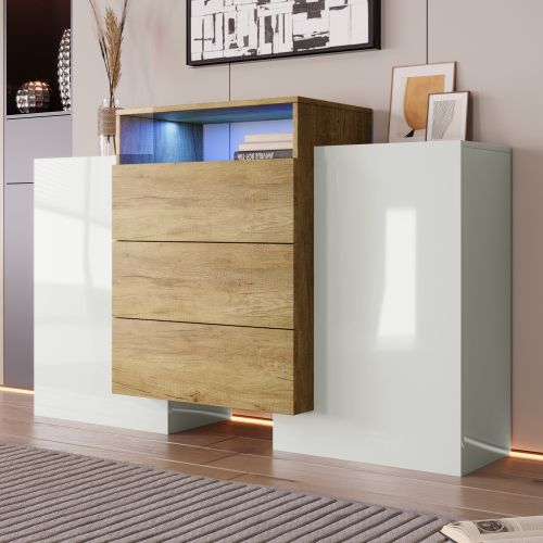 Commode à 3 Tiroirs, Commode Blanc Brillant Avec Éclairage LED, 2 Portes