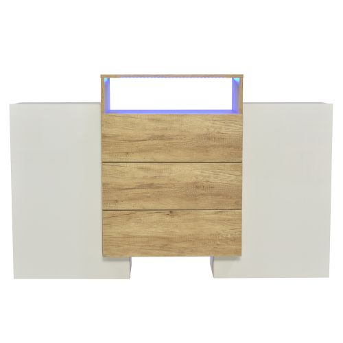 Commode à 3 Tiroirs, Commode Blanc Brillant Avec Éclairage LED, 2 Portes