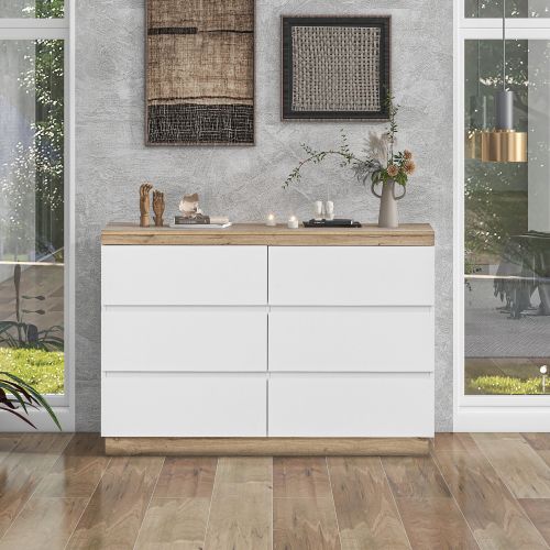 Commode à 6 Tiroirs, Blanc Et Bois, 110x40x68 Cm, Pour Chambre Et Salon