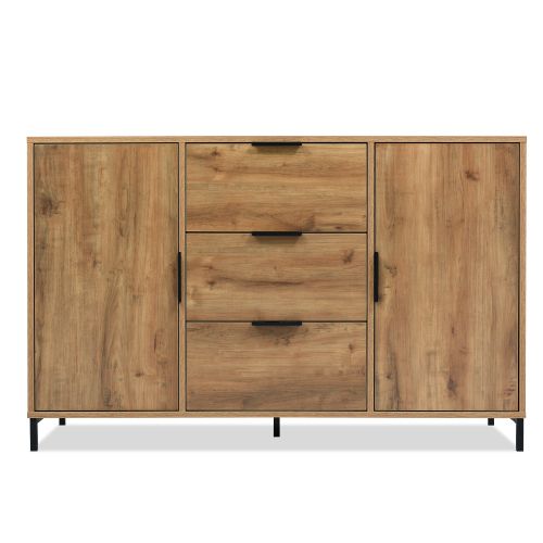 Commode 3 Tiroirs Avec 2 Portes, Étagère Réglable, 120x40x76 Cm, Chêne Foncé