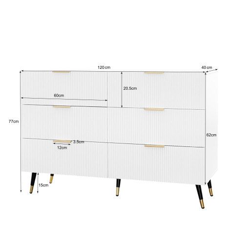 Commode Blanche à 6 Tiroirs Avec Poignées Et Pieds Dorés, 120x40x77 Cm