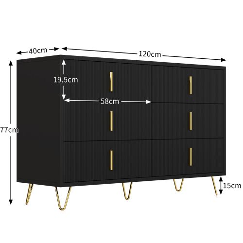 Commode Noire à 6 Tiroirs à rayures verticales Avec Pieds Dorés