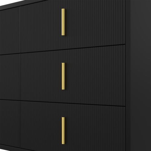 Commode Noire à 6 Tiroirs à rayures verticales Avec Pieds Dorés