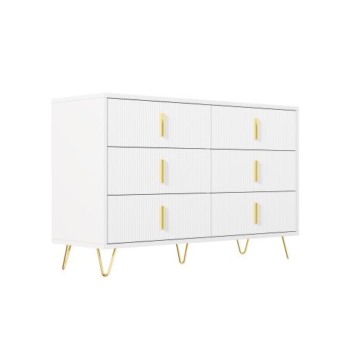 Commode à 6 Tiroirs, Commode Blanche Avec Pieds Dorés