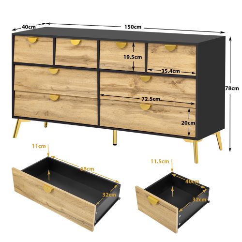 Commode à 8 Tiroirs, Commode Bois Avec Pieds Dorés