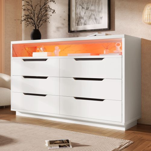 Commode à 6 Tiroirs, Commode Blanche Avec LED
