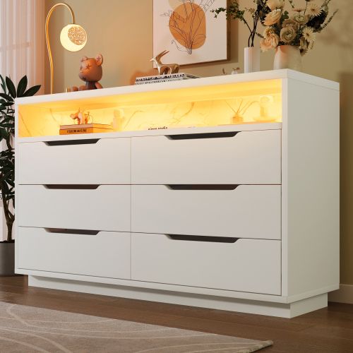 Commode à 6 Tiroirs, Commode Blanche Avec LED