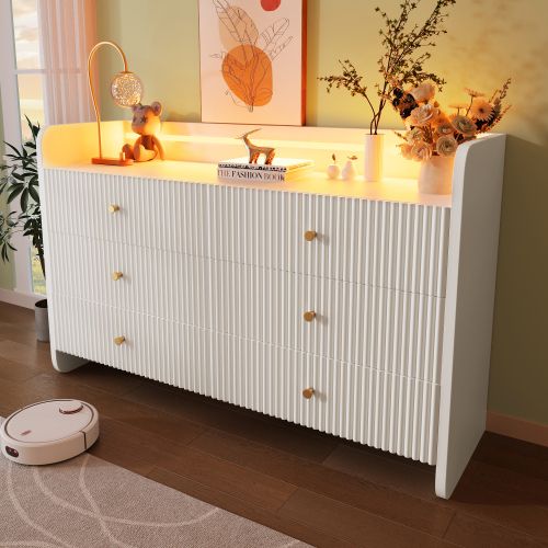 Commode à 6 Tiroirs, Commode Blanche Avec Éclairage LED