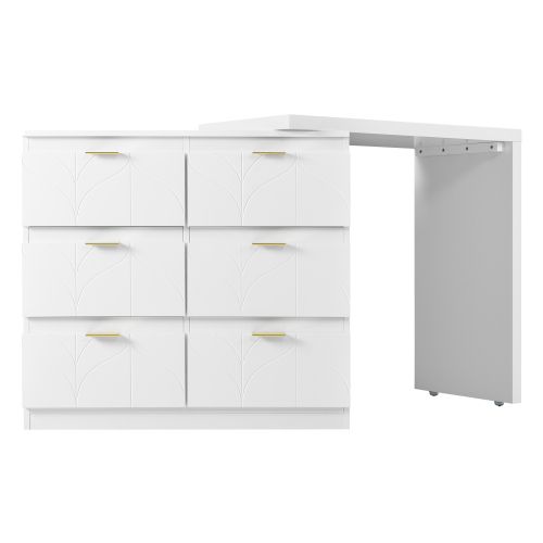 Coiffeuse Blanche à 6 Tiroirs, Poignées Plaquées Or Et Plateau Rotatif, Sans Miroir Ni Tabouret