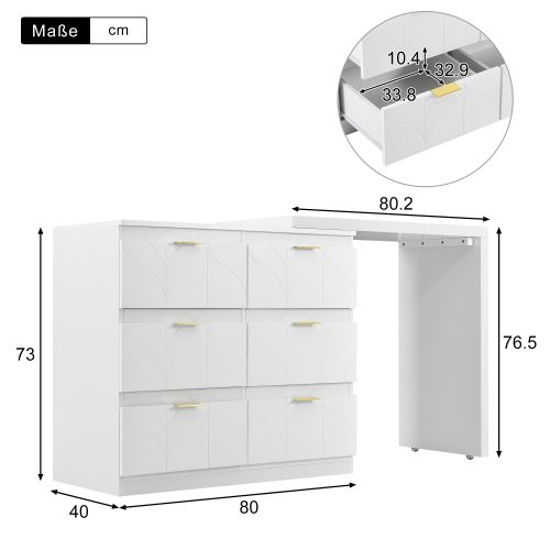 Coiffeuse Blanche à 6 Tiroirs, Poignées Plaquées Or Et Plateau Rotatif, Sans Miroir Ni Tabouret
