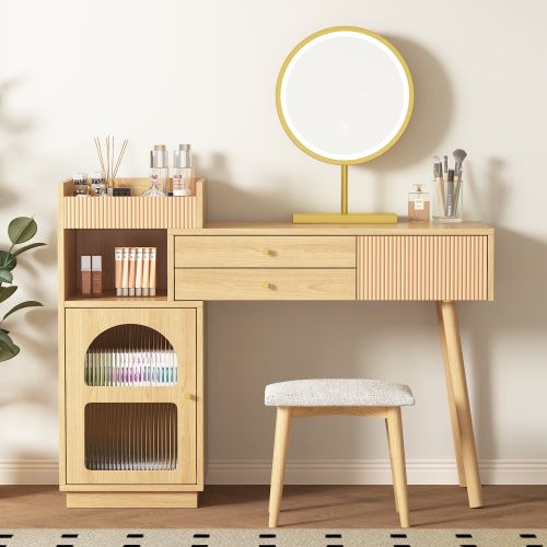 Coiffeuse Bois Avec Miroir LED, 3 Tiroirs Et Armoire Latérale, Sans Tabouret