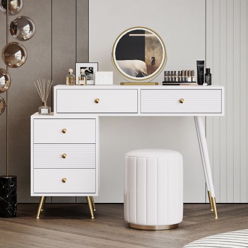 Coiffeuse Blanc Avec Éclairage LED, Miroir Et Armoire Latérale Réglable, Sans Tabouret