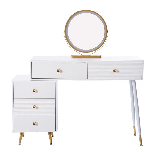 Coiffeuse Blanc Avec Éclairage LED, Miroir Et Armoire Latérale Réglable, Sans Tabouret