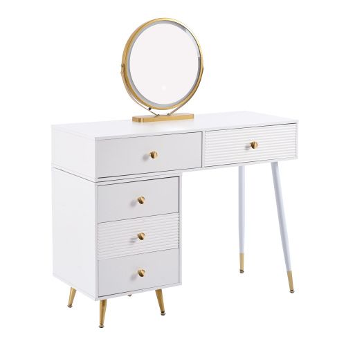 Coiffeuse Blanc Avec Éclairage LED, Miroir Et Armoire Latérale Réglable, Sans Tabouret