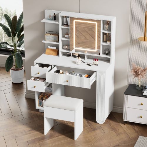 Coiffeuse Blanche Avec Miroir, Tabouret, Tiroirs Et Étagère Ouverte