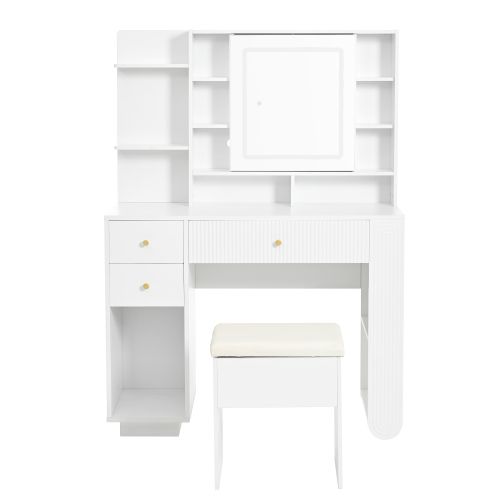 Coiffeuse Blanche Avec Miroir, Tabouret, Tiroirs Et Étagère Ouverte