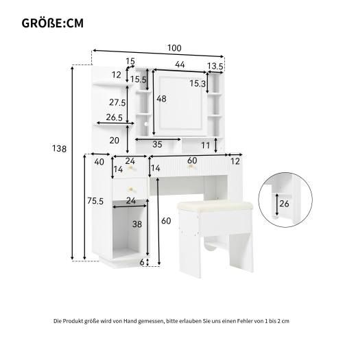 Coiffeuse Blanche Avec Miroir, Tabouret, Tiroirs Et Étagère Ouverte