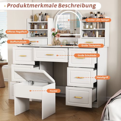 Coiffeuse Blanche Avec Miroir, Éclairage LED Et 9 Tiroirs
