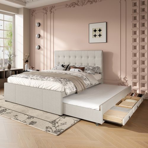 Lit Gigogne 140x200 Cm, Lit Enfant, Avec 3 Tiroirs, Tête De Lit Réglable, Beige